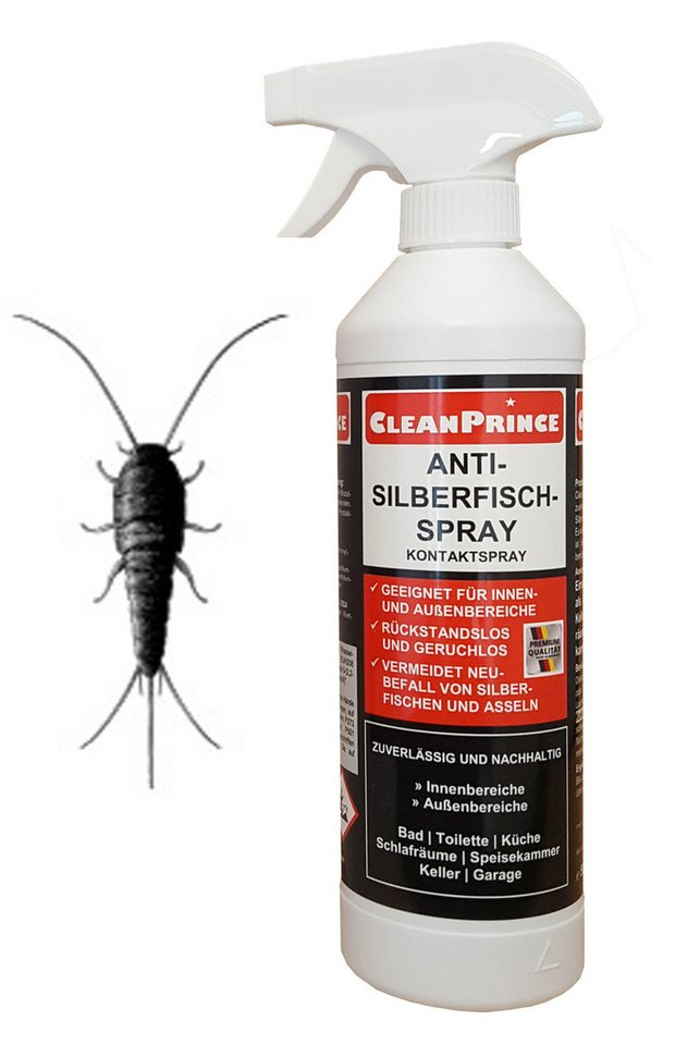 CleanPrince Insektenvernichtungsmittel Anti Silberfisch Spray, Silberfische Kellerasseln Krabbelgetiere, 500 ml, ideal im Wohnraum - geruchlos, farblos von CleanPrince