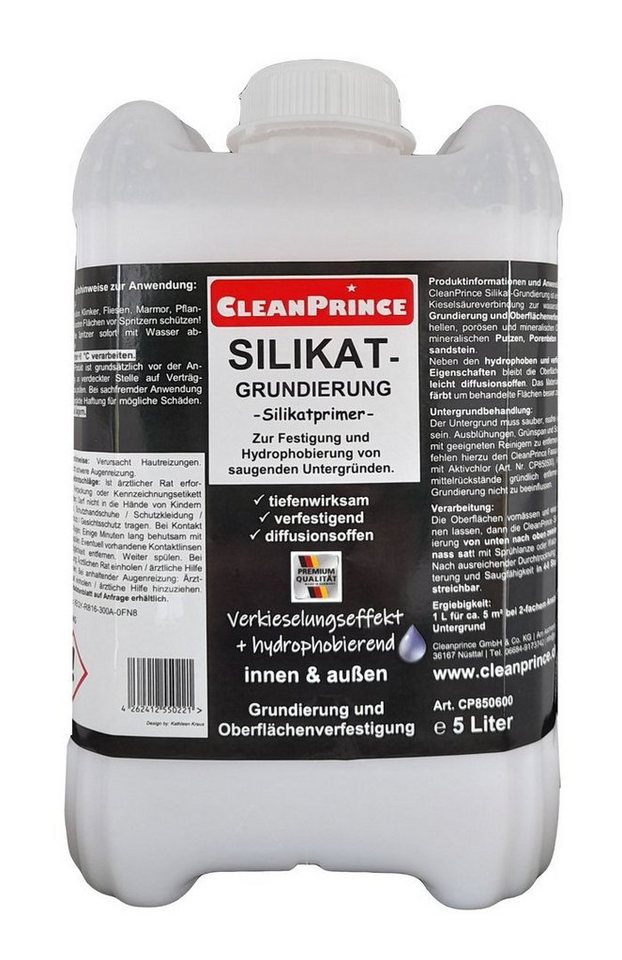 CleanPrince Silikatgrundierung Silikat-Grundierung Silikatprimer Innen + Außen, Zur Festigung und Hydrophobierung von saugenden Untergründen. von CleanPrince