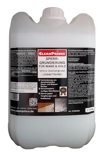CleanPrince Sperrgrundierung für Wand und Holz 10 Liter | Ultra - Isoliergrund Sperrgrund Lösemittelfrei Geruchssperre | keine Farbe von CleanPrince