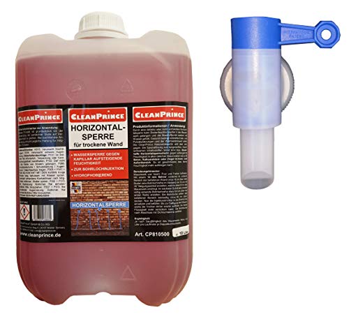 Horizontalsperre 10 Liter trockene Wand | mit einem beigelegten gratis Ausgießer Zapfhahn pro Bestellung | flüssig, Injektionsverfahren zur Bohrlochinjektion, hydrophobierend, Wassersperre von CleanPrince