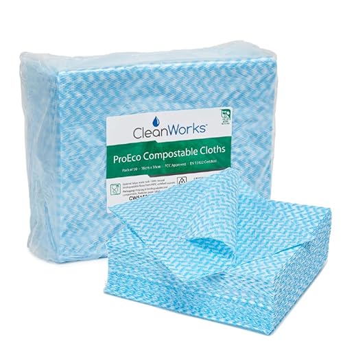 CleanWorks ProEco kompostierbares Reinigungstuch, blau, vollständig biologisch abbaubar, aus verantwortungsvoll angebauten 100% Viskosefasern, FCC-geprüft (50 Stück) von CleanWorks