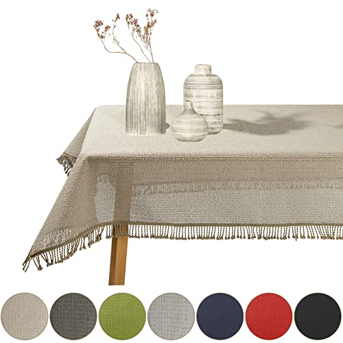 Gartentischdecke geschäumt eckig rund oval wetterfest rutschfeste Weichschaum Tischdecke abwaschbar Garten Balkon Outdoor Camping mit Fransen (Beige, 130x220cm (BxL)) von Cleanlevel EST 2016