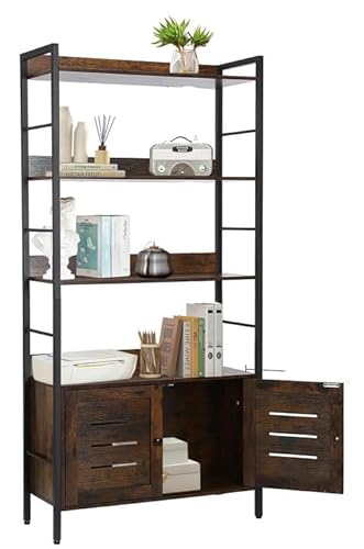 Clekeplye Bücherregal Holz Standregale mit Türen und 4 Ablageflächen Regal mit Türen Holz Regal Wohnzimmer Bücherschrank mit Türen Vintage Möbel Regal Industrial Style für Büro, Wohnzimmer von Clekeplye