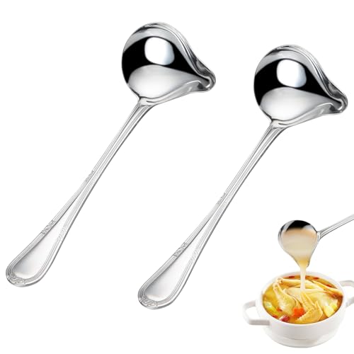 2 Stück Saucenkelle mit Ausgießer, Soßenlöffel mit Ausgießer Länge 20cm, Spiegelglänzend Edelstahlsauce Nieselregenlöffel, Elegant Silber Soßenkelle, Saucenlöffel für Dressings Suppensoßen Bratensoßen von Cleminsta