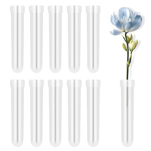 Cleminsta 11cm Reagenzgläser für Blumen, 10 Stück Blumenröhrchen Kunststoff mit Deckel, Wasserröhrchen für Blumen Orchideenröhrchen Wiederverwendbare Transparent für Pflanzen Blumenarrangements von Cleminsta