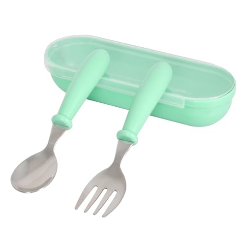 Cleminsta Kinderbesteck, Baby Besteckset Edelstahl Kinderbesteck ab 1 Jahr Esslernbesteck mit Rundem Griff, Kinder Löffel Gabel Set mit Aufbewahrungsbox für Baby Kleinkind, BPA Frei Lernbesteck (Grün) von Cleminsta
