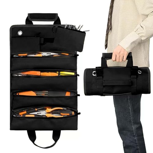 Cleminsta Werkzeugtasche Leere, Werkzeugtasche Kleine Robust Werkzeug Rolltasche, Mehrere Taschen Werkzeug Aufbewahrungstasche für Tischler Klempner Elektriker Automechaniker (Schwarz) von Cleminsta