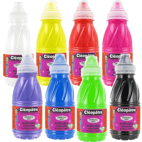 Cléopatre - 8 Flaschen Acrylfarbe Princess Merit - Glänzende Farbe auf Wasserbasis - Deckend, mehrfach verwendbar - Leicht zu handhaben - Farbauswahl, 8x250ml von Cléopâtre
