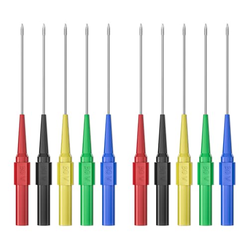 Cleqee 10 Stück 0,7mm lange Version Prüfspitzen Stifte Zerstörungsfreie Isolierung Draht Piercing Nadeln Edelstahl zurück Probe Stifte Multimeter Sonden für 4mm männlichen Bananenstecker Fünf Farben von Cleqee
