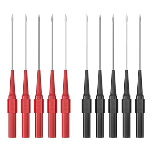 Cleqee 10 Stück 0.7mm lange Version Prüfspitzen Pins zerstörungsfreie Isolierung Draht Piercing Nadeln Edelstahl zurück Probe Pins Multimeter Sonden für 4mm männlich Bananenstecker Rot & Schwarz von Cleqee