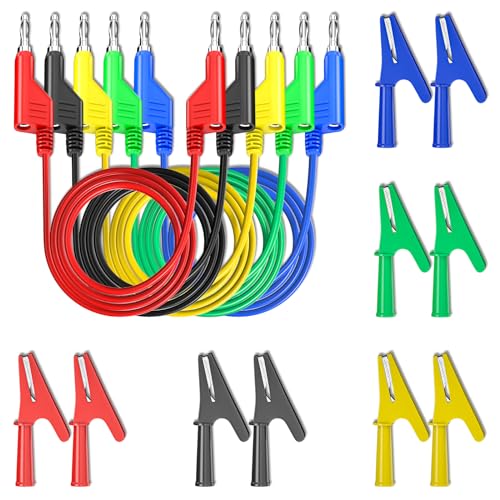 Cleqee 4mm stapelbar Banane zu Bananenstecker Messleitungen mit 10 Stück voll isoliert Kupfer Krokodilklemmen für Multimeter elektrische Prüfung 5 Farben von Cleqee