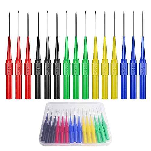 Cleqee 15 Stück Automobilindustrie Back Probe Pins Multimeter Wire Piercing Prüfspitzen mit 4mm Buchse 0,7mm Puncture Probe Nadel 30V/10A für kleine IC Pins Elektronikprüfung Fünf Farben von Cleqee