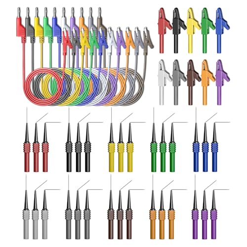 Cleqee 50 Stück Rücksonden-Kit 4mm stapelbar Bananenstecker zu Krokodilklemme Automotive Messleitungen Kit mit Krokodilklemmen, 30 Stück 30V zurück Probe Pins für Autoreparaturen Diagnose Zehn Farben von Cleqee