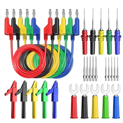 Cleqee 30 Stück Bananenmultimeter-Prüfkabel-Set Stapelbares 4mm Bananenstecker-Prüfkabel mit isolierten Krokodilklemmen, Kabelschuhen, rückseitigen Prüfstiften und 10 auswechselbaren Nadeln von Cleqee