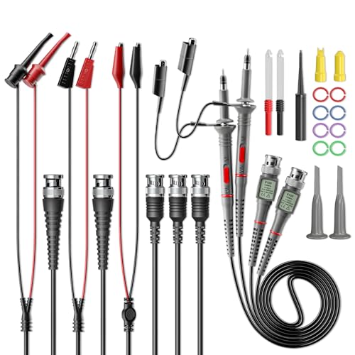 Cleqee Universal-Oszilloskop-Tastköpfe mit Zubehör Kit 100MHz 1X 10X 2 Pack mit BNC auf BNC, Testhaken, Krokodilklemme, Bananenstecker Messleitungen Drahtstichproben von Cleqee