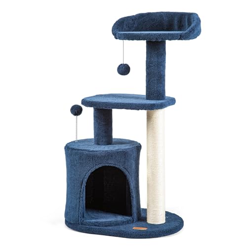 ClevaHome Kleiner Katzenbaum in Denimblau – 85 cm Hoher Kratzbaum mit Sisal-Kratzpfosten, Plattformen, Kuschelhöhle & Spielball für Wohnungskatzen & Kätzchen von Cleva