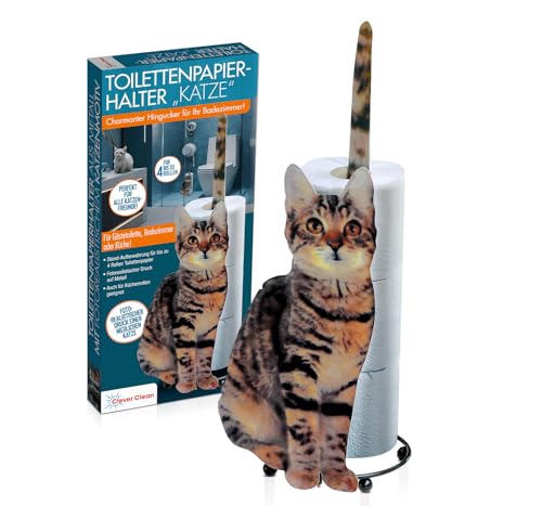 Clever Clean Toilettenpapierrollenhalter “Katze” [Für bis zu 4 Rollen] lustiger Toilettenpapierhalter - Küchenrollenhalter Katze - Tier Klopapierhalter - Edelstahl von Clever Clean