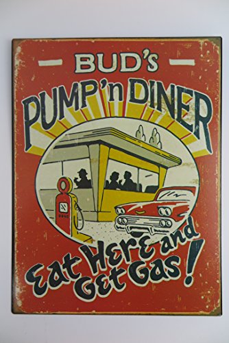 Clever-Deko Blechschild Bud´s Pump´n Diner Eat Here an get Gas ! Nostalgie Schild Retro USA Wandschild Garage Tankstelle von Clever-Deko