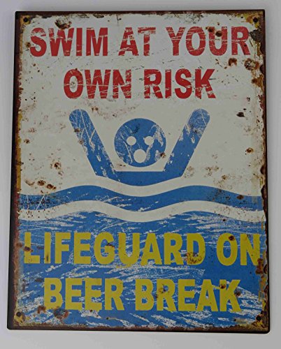 Clever-Deko Blechschild Swim at Your OWN Risk ; Lifeguard ON Beer Break Nostalgie Schild Retro Schwimmen auf eigenes Risiko von Clever-Deko