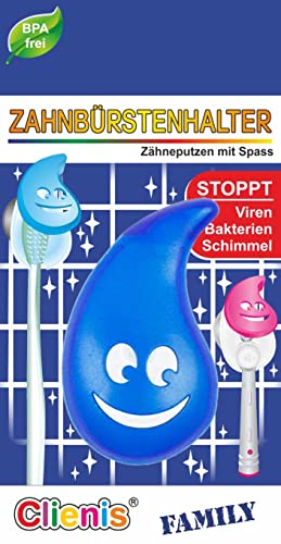 Clienis Family Zahnbürstenhalter mit mikrobiotischer Wirkung mit Saugknopf für Fliesen (Blau) von Clever-Deko