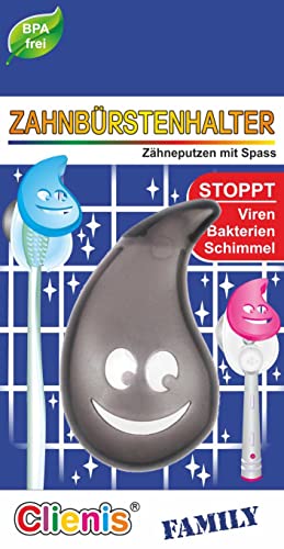 Clienis Family Zahnbürstenhalter mit mikrobiotischer Wirkung mit Saugknopf für Fliesen (Schwarz) von Clever-Deko