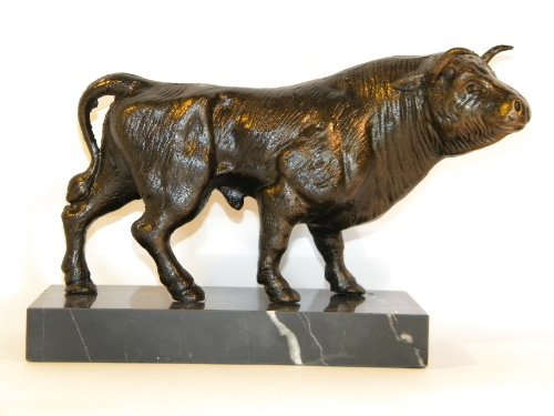 Skulptur Figur Stier großer Bulle Eisenfigur + Marmorsockel + Bronze - Optik Börse Deko Schreibtischdeko Banker von Clever-Deko
