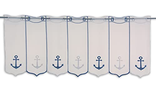 Clever-Kauf-24 Scheibengardine Anker Bestickt Bistrogardine blau weiß Höhe 45cm versch. Breiten (BxH 96x45cm) von Clever-Kauf-24