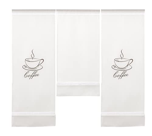 Design Mini Flächenvorhang Set Bestickt Kaffee Coffee | 4057-01 | 3 Teile | Scheibengardine Gesamtbreite 90cm (3x30cm) Höhe 80/60/80cm | von Clever-Kauf-24