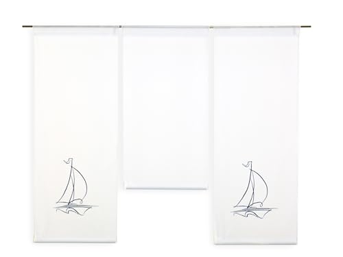 Design Mini Flächenvorhang Set Bestickt Segelboot | 4114-02 | 3 Teile | Scheibengardine Gesamtbreite 90cm (3x30cm) Höhe 80/60/80cm | von Clever-Kauf-24