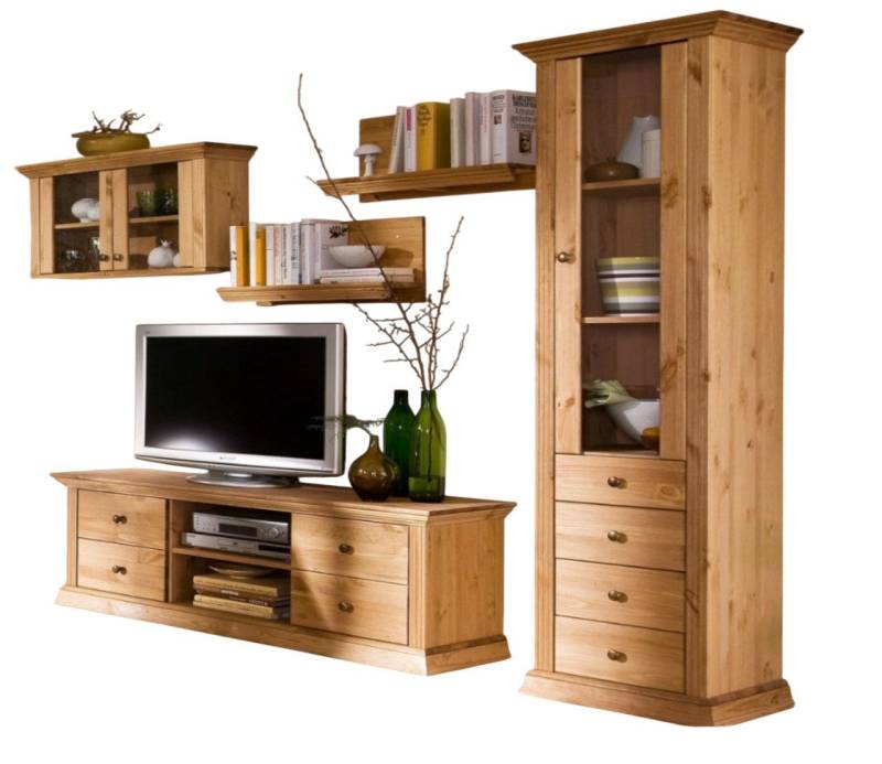 Clever-Moebel Wohnwand 5tlg. Wohnwand aus Kieferholz im Landhausstil TV Regal Schrank, (bestehend aus Vitrine, Lowboard, Hängeschrank, Wandregal 2er Set) von Clever-Moebel