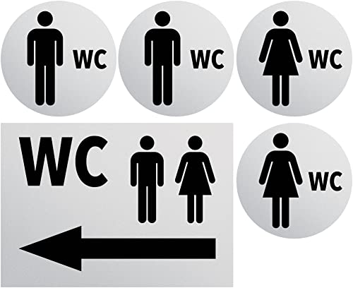 Clever Pool Aufkleber WC Toiletten Set Damen + Herren Schild – wetterfest - Toilettenschild – Türschild – Folienschild – D = 148 mm, Hinweisschilder neutral grau (2 WC Herren+Damen+Pfeil links grau) von Clever Pool