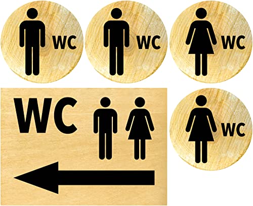 Clever Pool Aufkleber WC Toiletten Set Damen + Herren Schild – wetterfest - Toilettenschild – Türschild – Folienschild – D = 148 mm, Hinweisschilder Holz rustikal (2 WC Herren+Damen+Pfeil links Holz) von Clever Pool