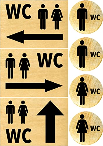 Clever Pool Aufkleber WC Toiletten Set Damen + Herren Schild – wetterfest - Toilettenschild – Türschild – Folienschild – D = 148 mm, Hinweisschilder Holz rustikal (2 WC Herren-Damen+3 Pfeil Holz) von Clever Pool