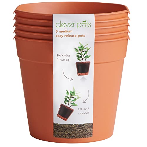 Clever Pots Easy Release Kunststoff-Blumentöpfe, 5 Stück, mittelgroße Blumentöpfe, Blumentopf für den Außen- oder Innenbereich, leicht und wetterbeständig für Blumen und Pflanzen, Terrakotta von Clever Pots