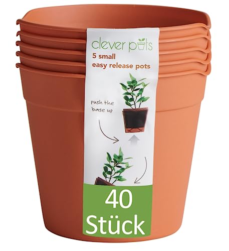 Clever Pots Einfache Freigabe - Kleine Kunststoff-Pflanztopf, 40 Stück Außen/Innentopf, leichtes & Wetterresistentes Pflanzgefäß für Blumen & Pflanzen, Ideal für Garten/Terrasse/Veranda, Terrakotta von Clever Pots