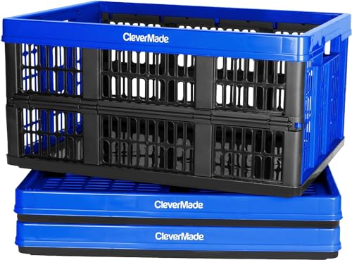 CleverMade 45L Collapsible Storage Bins, Plastic Stackable Grated Wall Utility Containers, CleverCrates Baskets, Royal Blue, 3 Pack von CleverMade