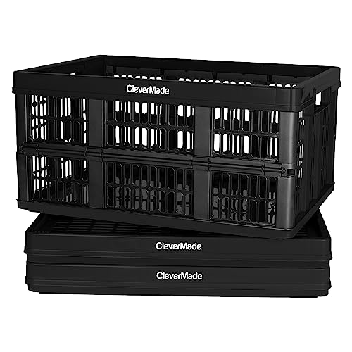 CleverMade CleverCrates Aufbewahrungskörbe, zusammenklappbar, Kunststoff, stapelbar, geriffelte Wand, 45 l, Schwarz, 3 Stück von CleverMade