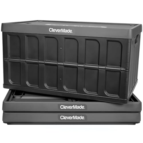CleverMade 62L Collapsible Storage Bins with Lids - Folding Plastic Stackable Utility Crates, Solid Wall CleverCrates, 3 Pack, Charcoal von CleverMade