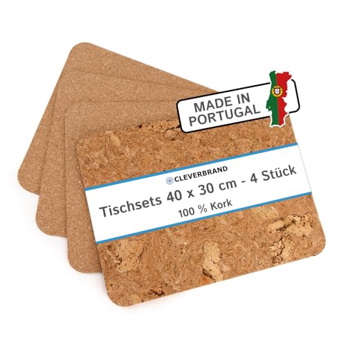 Cleverbrand Kork Tischset abwaschbar – 4er Set, 40 x 30 cm, 3 mm dick, hitzebeständig & umweltfreundlich, Made in Portugal – nachhaltige Platzsets von Cleverbrand