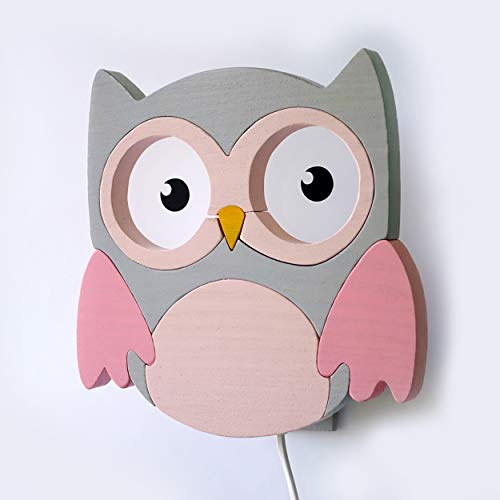 Clevere Kids Kinder-Wandlampe Alle meine Tiere | Handarbeit aus der EU | hochwertige Leselampe, Nachtlicht aus Holz | E14 (Eule grau-rosa) von Clevere Kids baby-collection