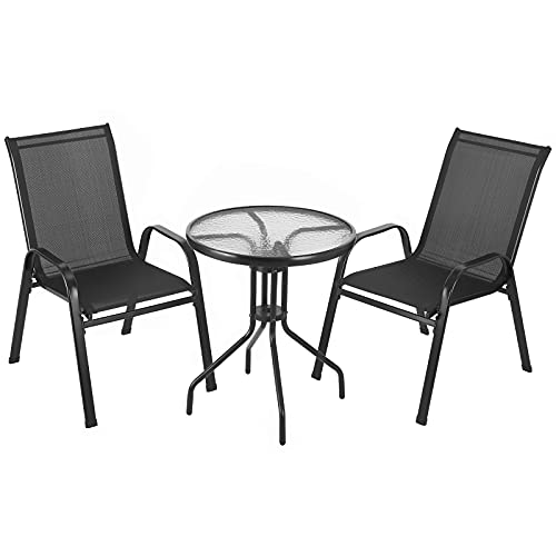 Clevich 3-TLG. Balkonmöbel Set, 2 Stapelbare Hochlehner Gartenstühle aus Textilene & Tisch Rund mit Sicherheitsglas, Wetterfest Gartenmöbel Set, Bistroset Kleiner für Balkon, Terrasse, Pool, Schwarz von Clevich