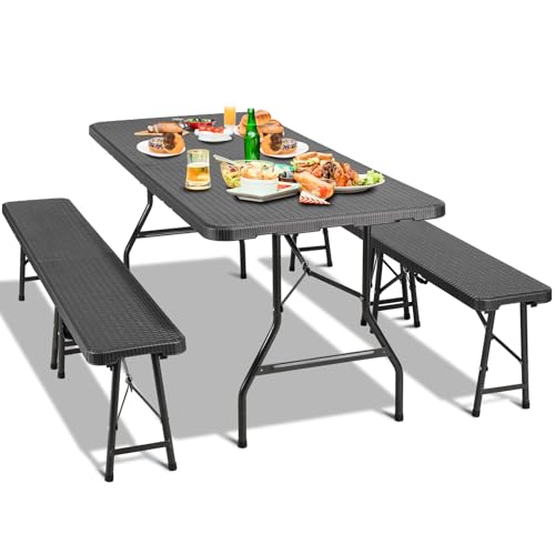 Clevich 3-teilig Bierzeltgarnitur Klappbar, 1 Biertisch Klappbar 2 Bierbank Klappbar, Festzeltgarnitur mit Tragegriff, Gartenmöbel Set für Outdoor Camping/Terrasse/Balkon, Campingtisch Wetterfest HDPE von Clevich