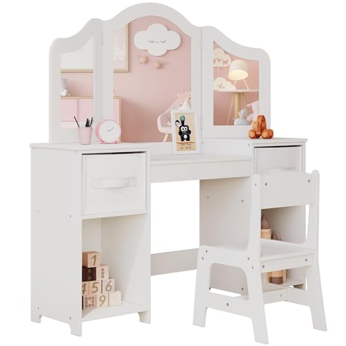Clevich 2 in 1 Schminktisch Kinder, Kinderschminktisch mit Abnehmbarem Spiegel, Prinzessin Frisiertisch mit Hocker, Schreibtisch Set, 108x30x114 cm Schminktische für Kinder, Weiß von Clevich