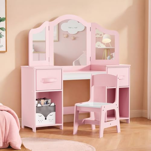Clevich 2 in 1 Schminktisch Kinder mit Abnehmbarem Spiegel & Hocker, Prinzessin Frisiertisch mit Aufbewahrungsbox, Schreibtisch aus Holz für Mädchen und Jungen, Rosa-Weiß von Clevich