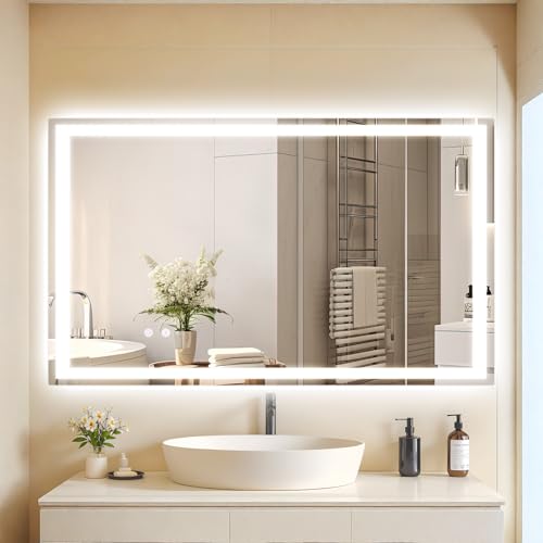Clevich Badspiegel mit Beleuchtung 100×60 cm, LED Spiegel mit 3 Lichtfarben Dimmbar, Gehärtetes Glas Explosionsschutz, Touch-Schalter, Memory-Funktion, Beschlagfrei, Badezimmerspiege mit Licht von Clevich