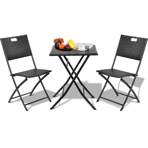 Clevich Bistro Gartenmöbel Set 3 Teilig Rattan, Balkonmöbel Rattan mit 1 Klapptische und 2 Stühle, Balkonmöbel Kleiner Balkon, Klappbar Sitzgruppe, Klappmöbel für Balkon,Terrasse und Garten (Schwarz) von Clevich
