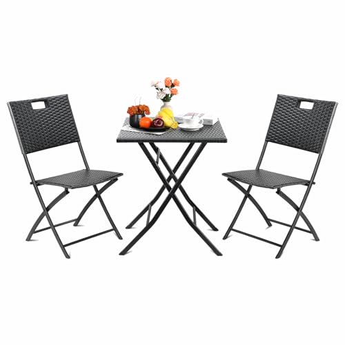 Clevich Bistro Gartenmöbel Set 3 Teilig Rattan, Balkonmöbel Rattan mit 1 Klapptische und 2 Stühle, Balkonmöbel Kleiner Balkon, Klappbar Sitzgruppe, Klappmöbel für Balkon,Terrasse und Garten (Grau) von Clevich