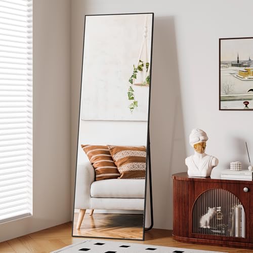 Clevich Ganzkörperspiegel 162 x 53cm mit Verdickter Aluminiumrahmen, Großer Standspiegel aus Gehärtetem Glas, modern Wandspiegel stehend oder hängend für Wohnzimmer und Schlafzimmer,Schwarz von Clevich
