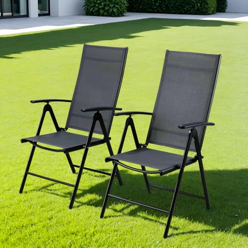 Clevich Gartenstühle Alu 2er Set, Gartenstuhl Hochlehner Klappbar mit 7-Fach Verstellbar Rückenlehne, Balkonstühle bis 120kg, Leicht Campingstühle, Ergonomisch Atmungsaktiv und komfortabel, Dunkelgrau von Clevich