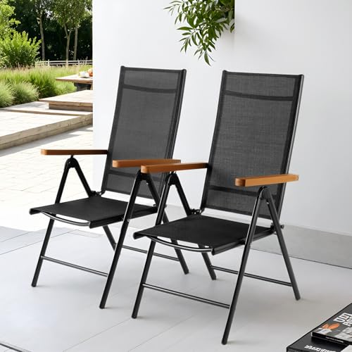 Clevich Gartenstuhl Hochlehner 2er Set, Aluminium Balkonstuhl, Alu Klappstuhl, Klappbar Campingstuhl, Teakbraun WPC Armlehnen, 7-Fach Verstellbar Rückenlehne, Atmungsaktiv & Wetterfest von Clevich
